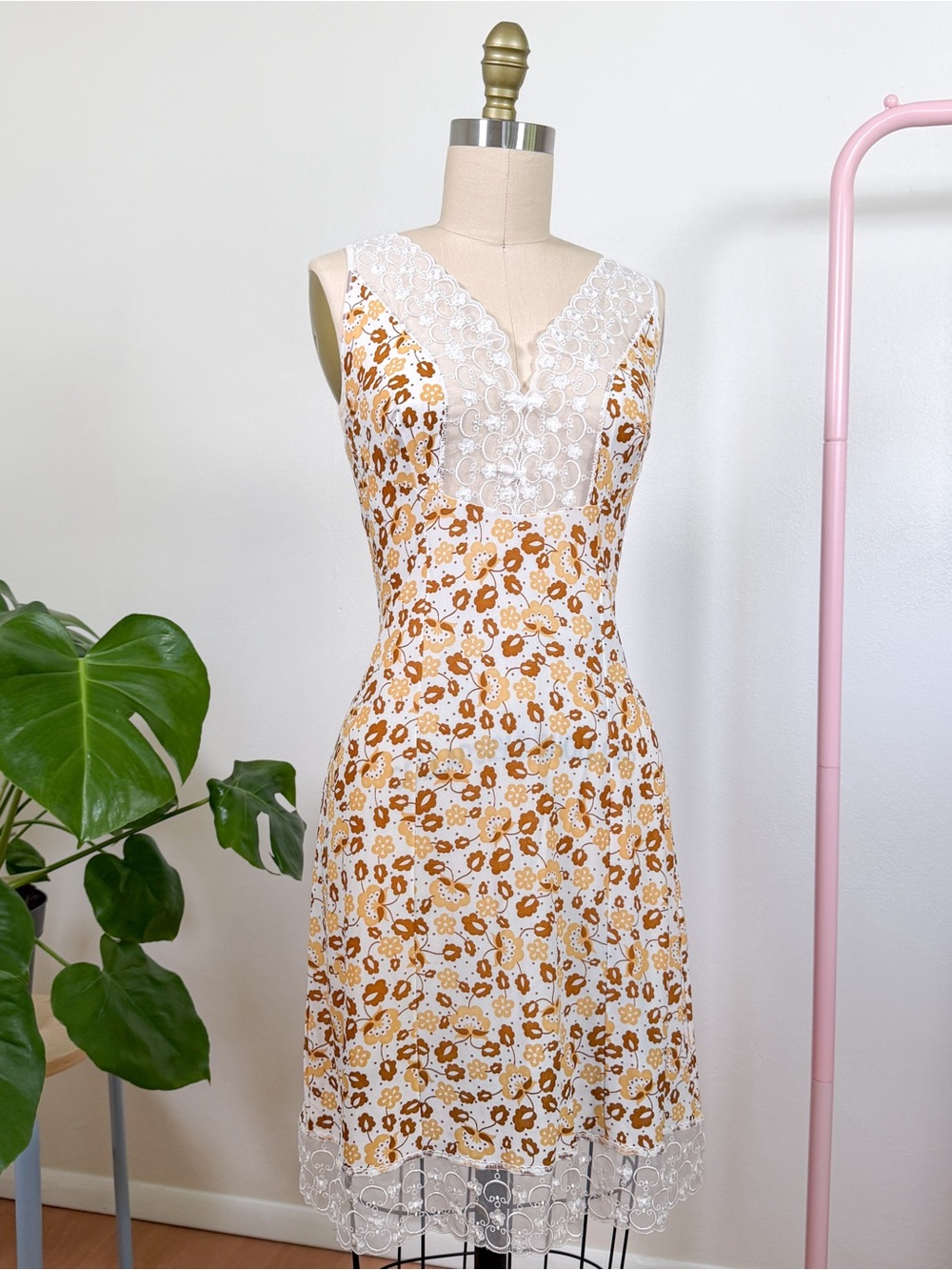 Vintage 70s European Slip Dress | Earth Tone Ditsy Floral Nylon Nightgown